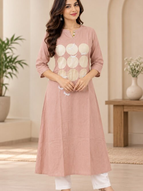 Peach Pink Printed Cotton Kurta with White Pants