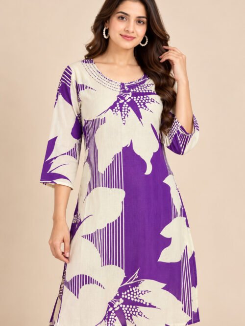 Elegant Purple Floral Printed Cotton Kurti for Women