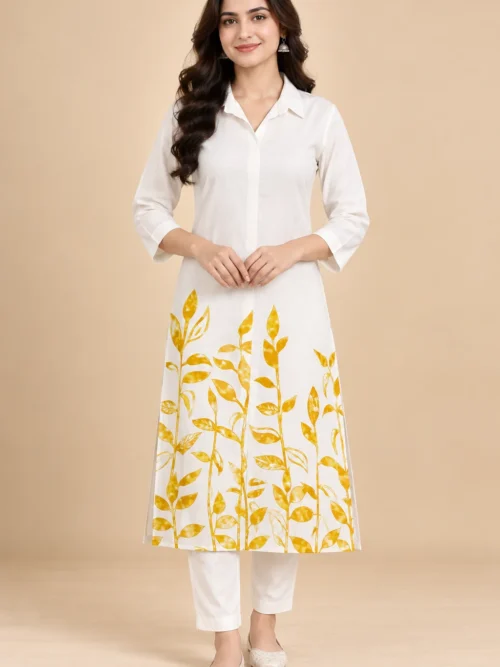 White & Mustard Yellow Botanical Printed Co-Ord Set for Women