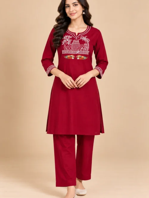 Maroon Embroidered Co-Ord Set for Women