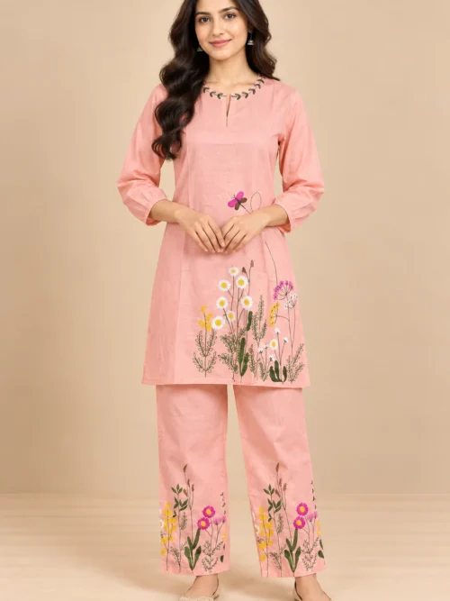 Peach Floral Embroidered Co-Ord Set for Women