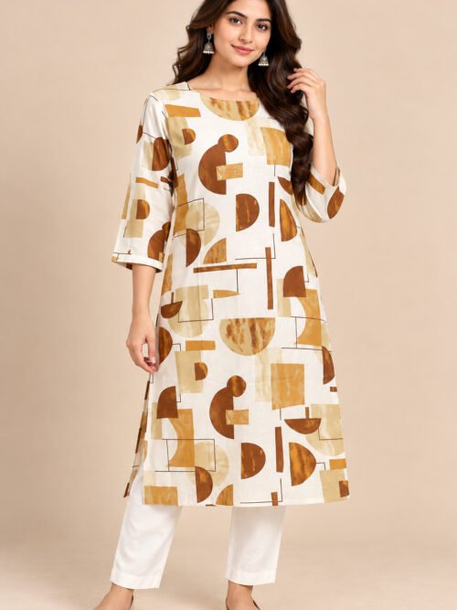 Cream & Mustard Geometric Printed Cotton Co-Ord Set for Women