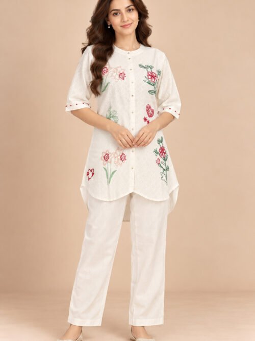 Elegant White Floral Embroidered Cotton Co-Ord Set for Women