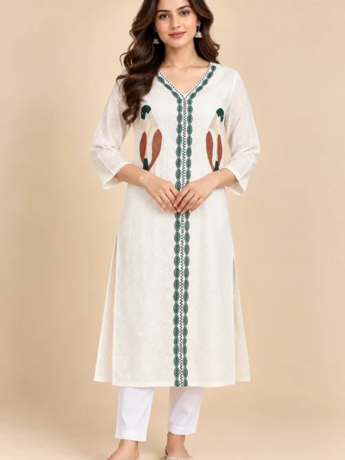 Ivory Green Embroidered Kurta Co-Ord Set for Women