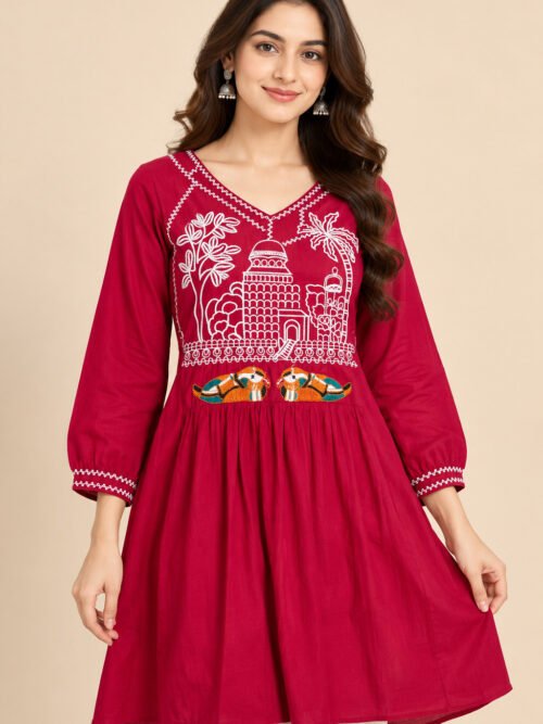 Elegant Maroon Embroidered Cotton Kurti for Women