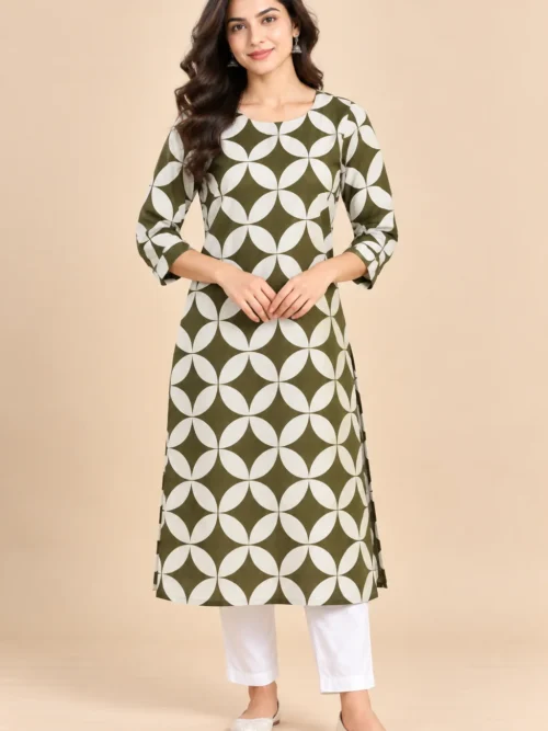 Olive Green Geometric Print Co-Ord Set for Women