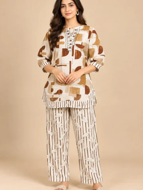 Beige & Brown Abstract Printed Co-Ord Set for Women