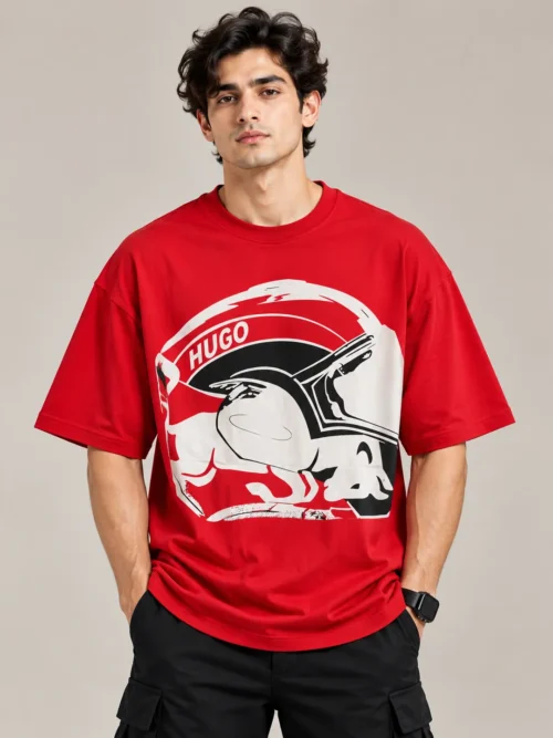 Men’s Red HUGO Helmet Graphic Oversized T-Shirt