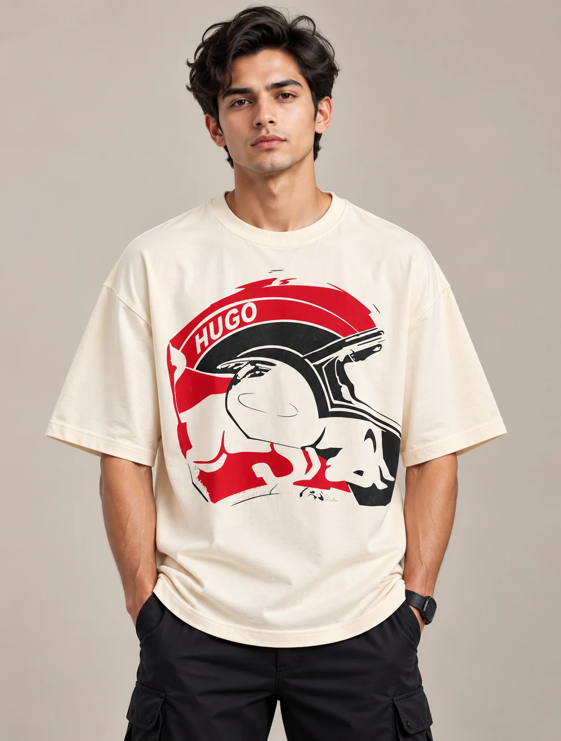 Men’s Cream HUGO Helmet Graphic Oversized T-Shirt