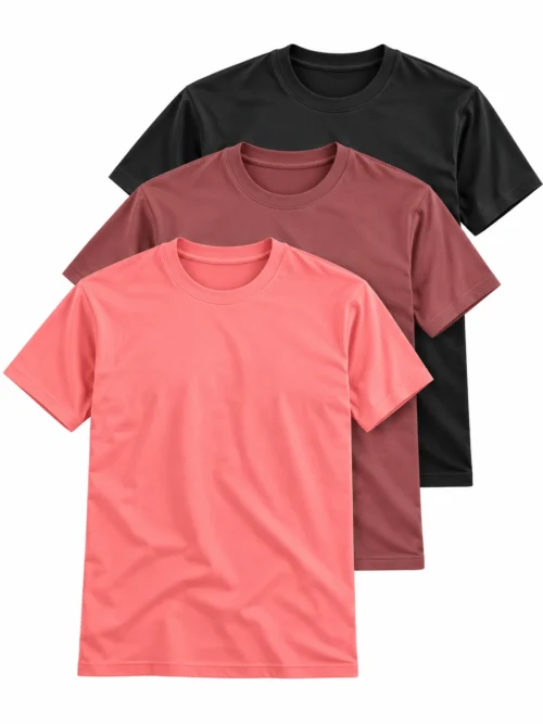 Men's Combo Pack of 3 Plain Crew Neck T-Shirts – Coral Pink, Maroon & Charcoal Black