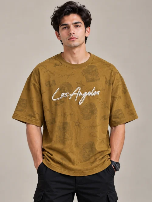 Men’s Mustard Yellow Los Angeles Printed Oversized T-Shirt
