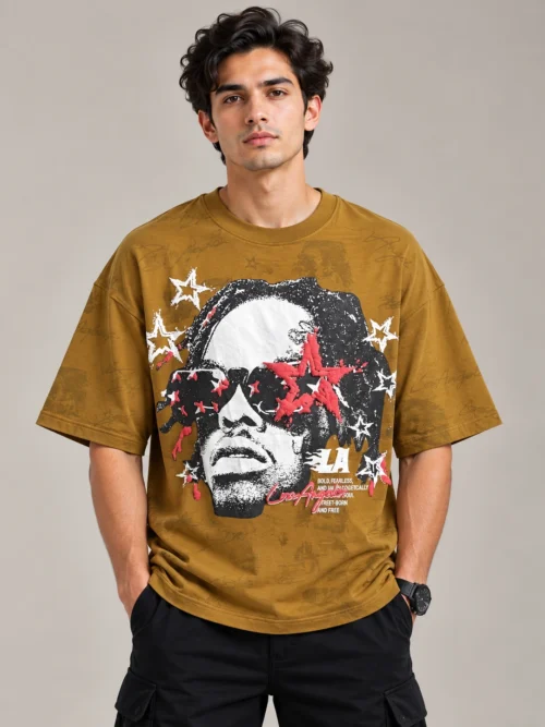 Men’s Mustard Yellow Rockstar Graphic Oversized T-Shirt