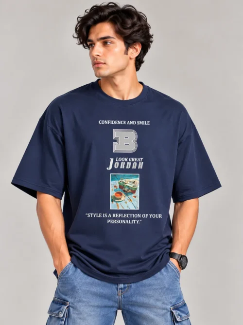 Men’s Navy Blue Confidence & Smile Graphic Oversized T-Shirt