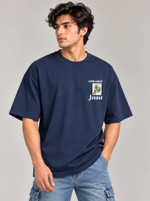 Men’s Navy Blue “Look Great Jordan” Printed Oversized T-Shirt