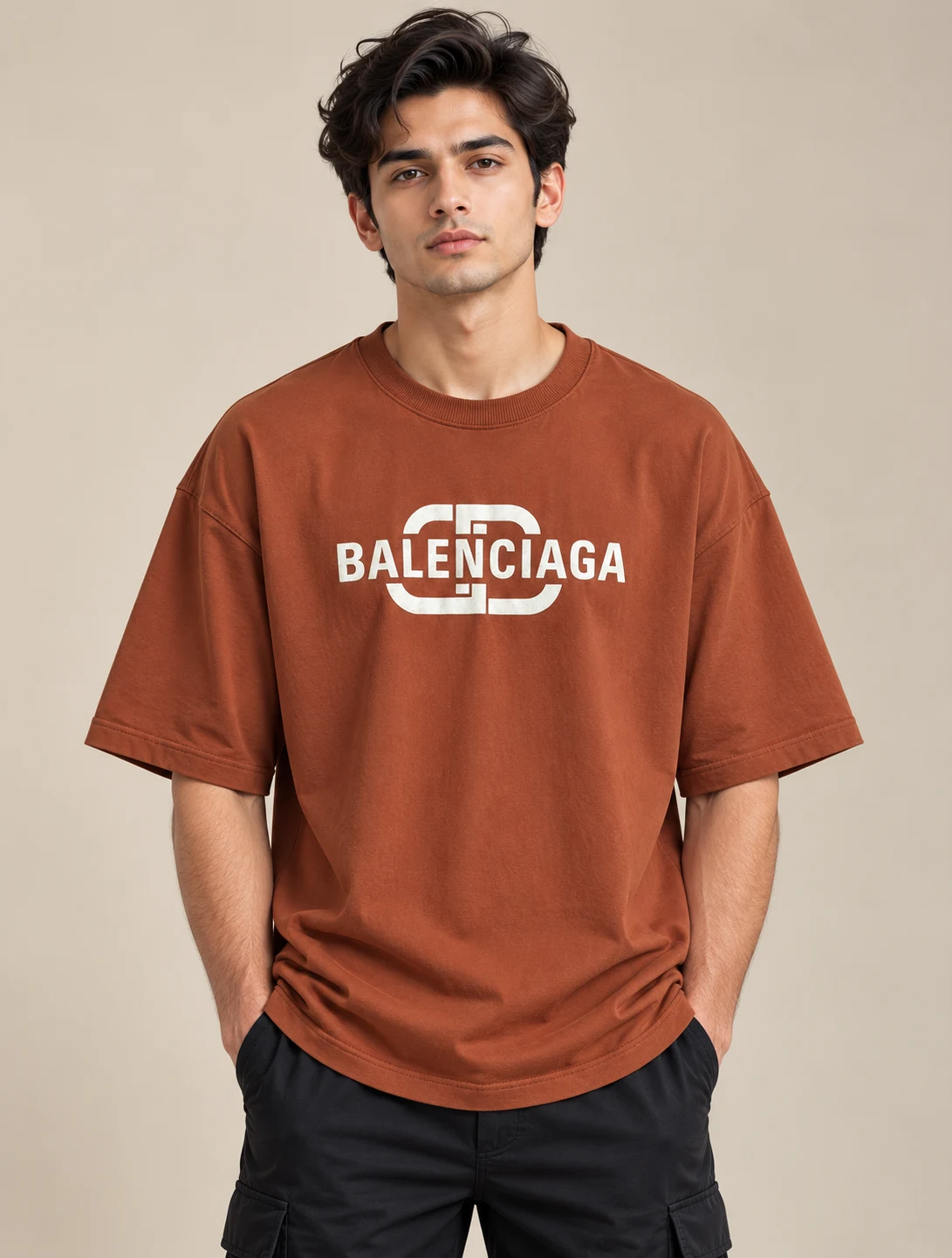 Men’s Rust Brown Balenciaga Printed Oversized T-Shirt