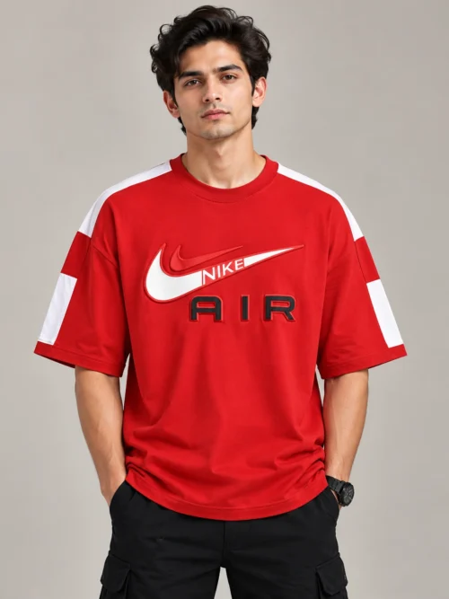 Men’s Red Air Graphic Oversized T-Shirt with White Sleeve Panels