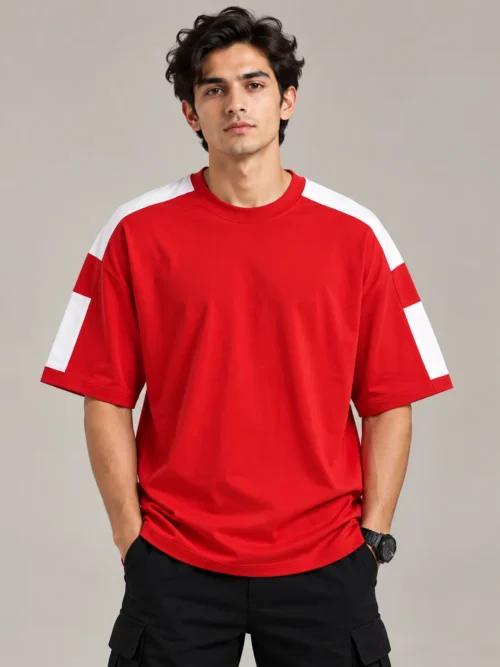 Men’s Red and White Panelled Oversized T-Shirt