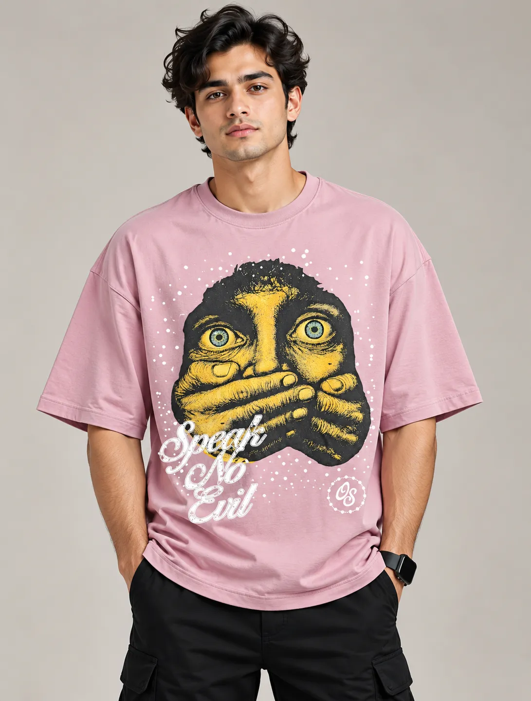 Men’s Dusty Pink “Speak No Evil” Graphic Oversized T-Shirt
