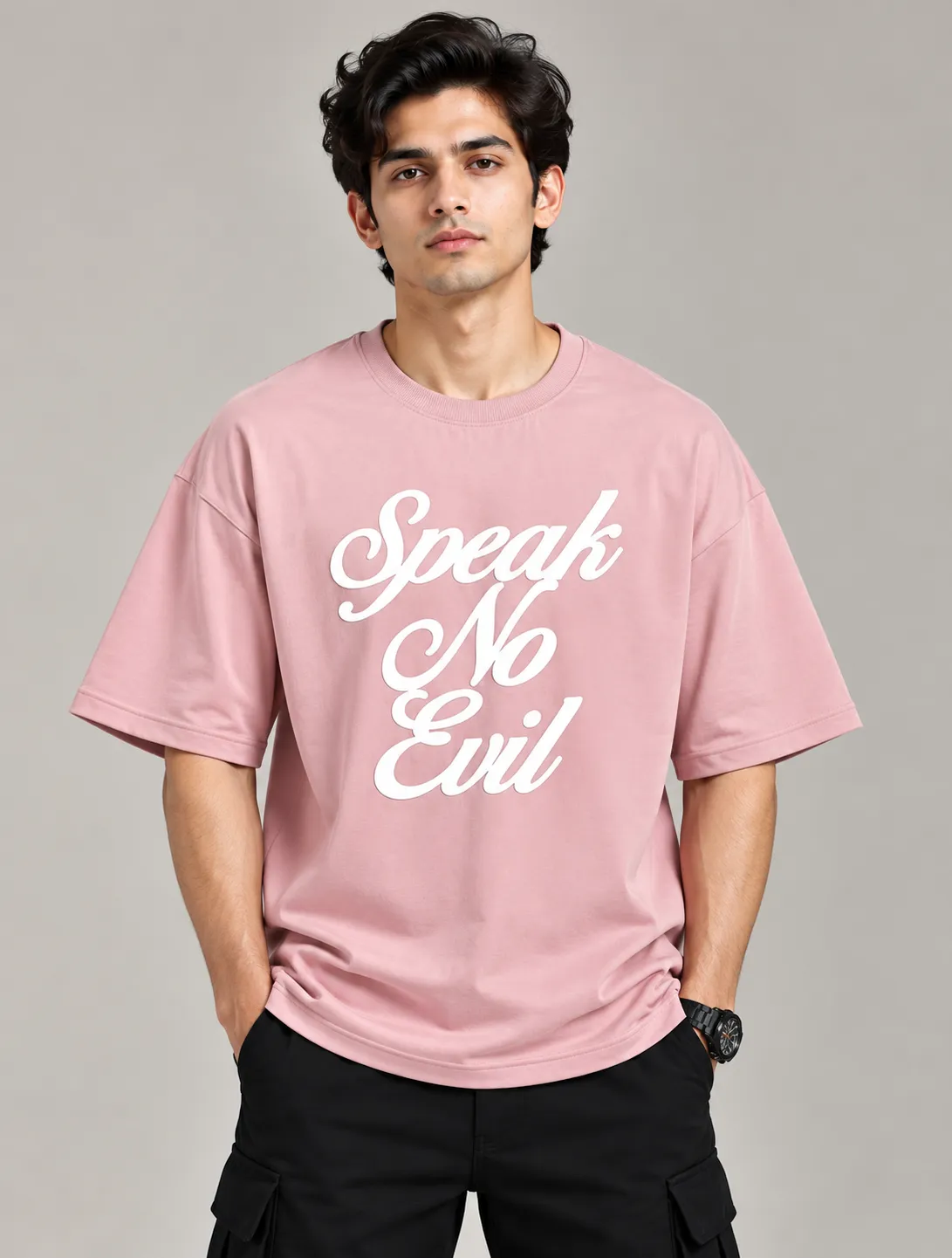 Men’s Dusty Pink “Speak No Evil” Printed Oversized T-Shirt