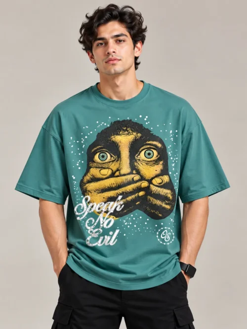 Men’s Teal Green “Speak No Evil” Graphic Oversized T-Shirt