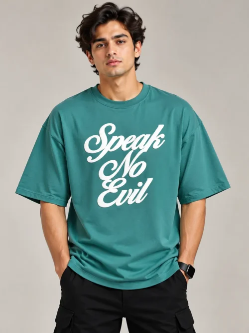 Men’s Teal Green “Speak No Evil” Printed Oversized T-Shirt