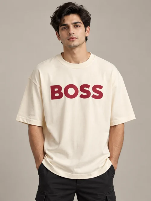Men’s Cream BOSS Printed Oversized T-Shirt