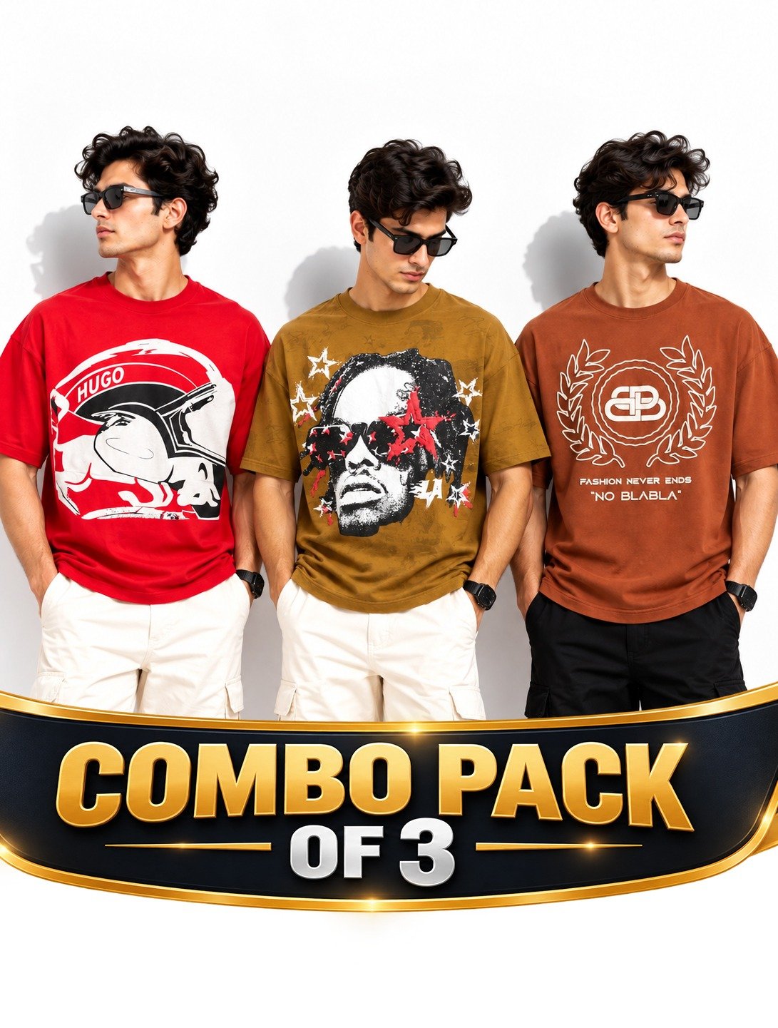 Men’s Trendy Graphic Printed Oversized T-Shirt Combo – Pack of 3 - Image 2