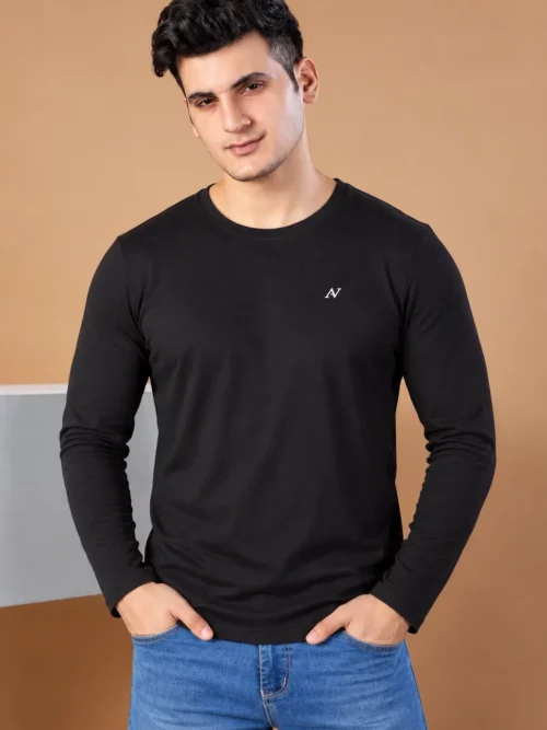 Men's Black Full Sleeve T-Shirt – Classic Crew Neck Casual Wear