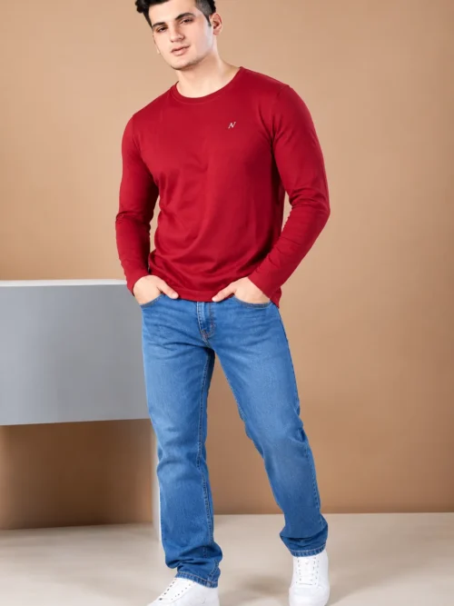 Men's Maroon Full Sleeve T-Shirt – Classic Round Neck