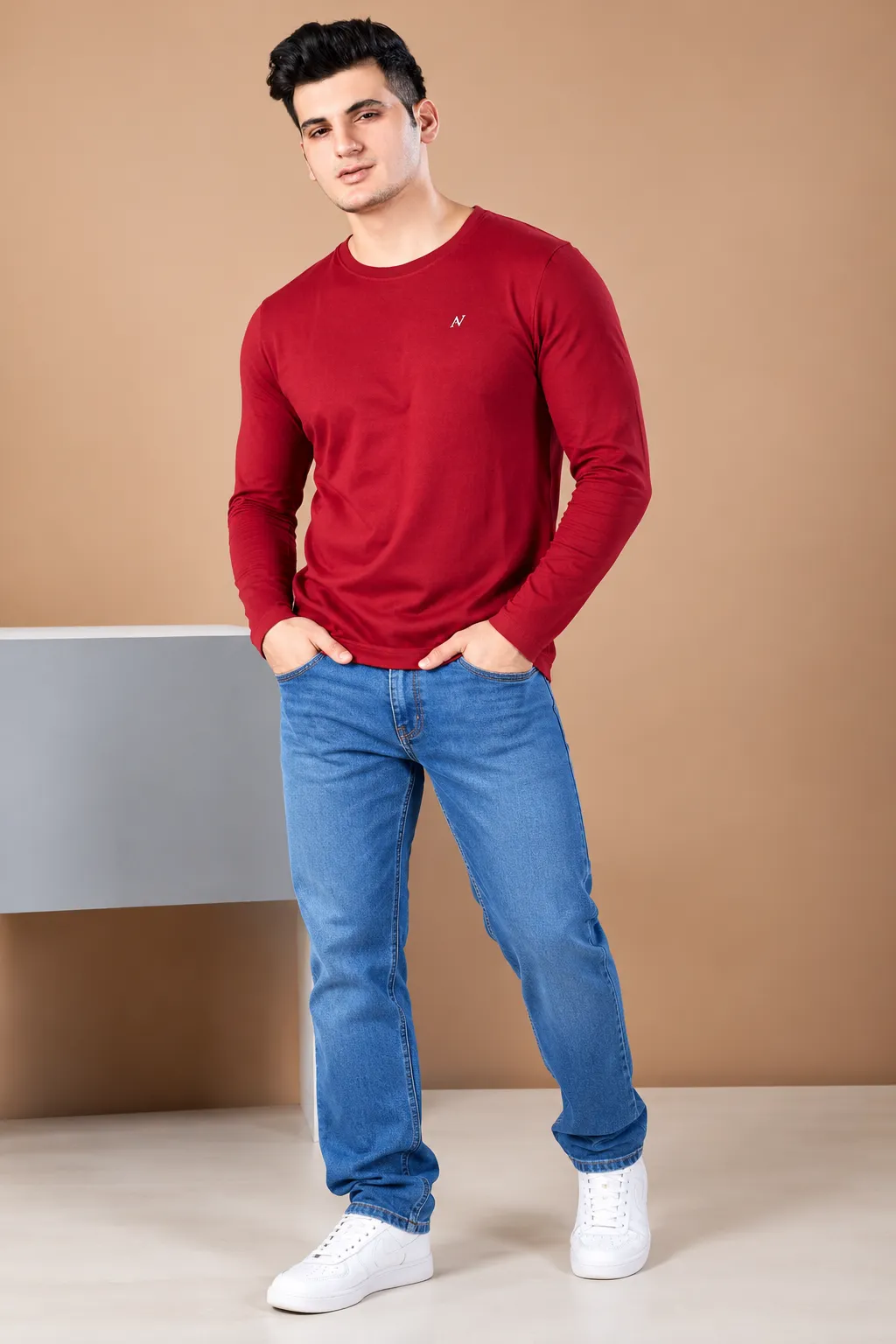 Men's Maroon Full Sleeve T-Shirt – Classic Round Neck