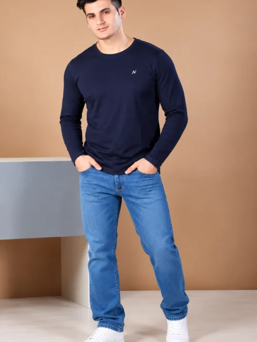 Men's Navy Blue Full Sleeve T-Shirt – Classic Round Neck Casual Wear