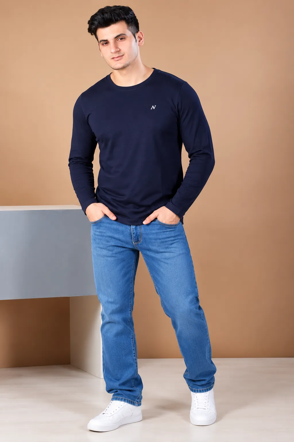 Men's Navy Blue Full Sleeve T-Shirt – Classic Round Neck Casual Wear